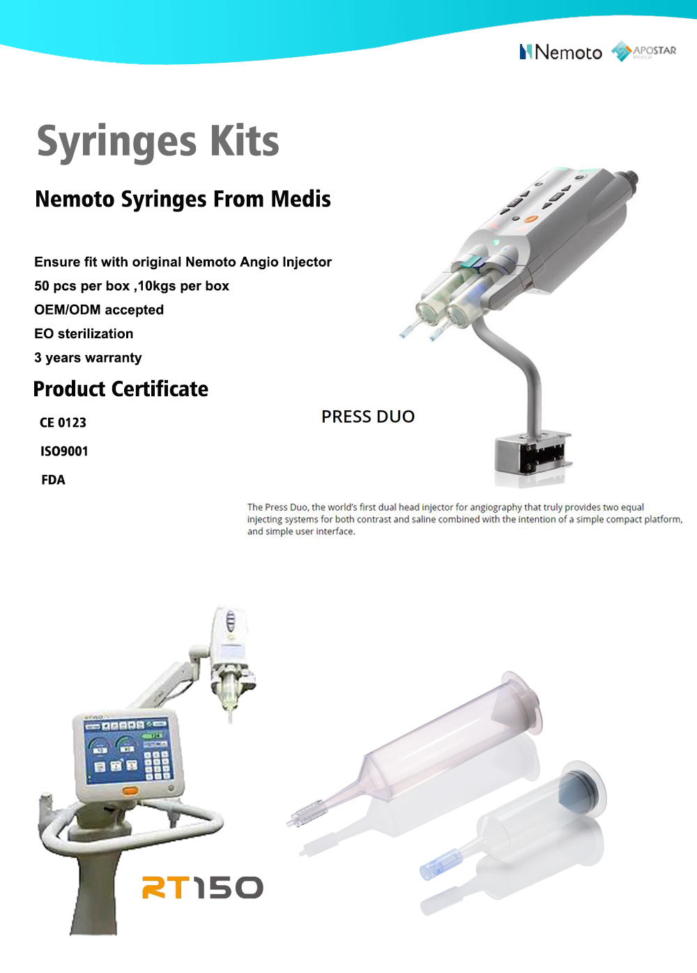 Nemoto 120s 및 Press Pro 혈관 조영 주입 시스템용 Medis SY125 125ml 일회용 Fastturn DSA 주사기 팩