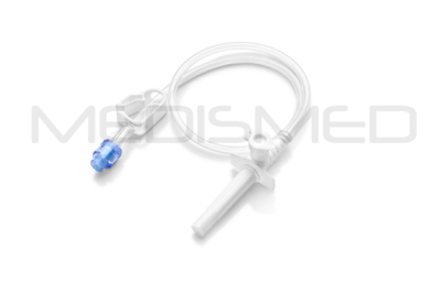 Transfer set with swabable valve and long spike